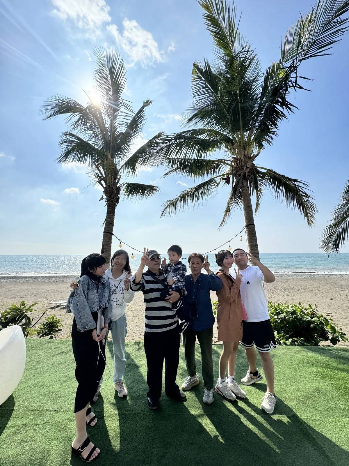 旅客在棕櫚樹海岸旁合影